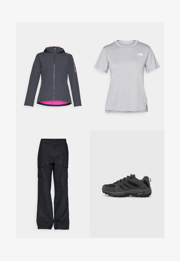 Hedvábná bunda s tmavě šedým vnějším pláštěm a růžovým interiérem. Obsahuje přední zip, boční kapsy a kapsu na rukávu se zipem.; Šedé tričko s krátkým rukávem vyrobené z měkké, vlhkosti odvádějící tkaniny. Obsahuje kulatý výstřih a malé bílé logo na levém horním rukávu.; Columbia BREA FALLS™ COTTON RIPSTOP PANT - Outdoorové kalhoty - black; Columbia REDMOND - Trekingové boty - black/citron haze
