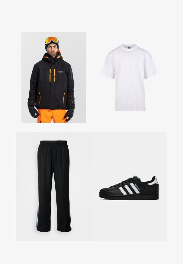 Musta hiihtotakki, jossa on oranssit yksityiskohdat, useita vetoketjullisia taskuja, säädettävä huppu ja teksturoitu kangas. Päällä käsineet ja suojalasit.; Valkoinen puuvillapaita, jossa on pyöreä kaula-aukko, lyhyet hihat ja rento leikkaus. Ominaisuuksina yksinkertainen muotoilu ilman kuvioita tai yksityiskohtia.; Mustat urheiluhousut, joissa on joustava vyötärö, valkoiset sivuraidat ja pieni logo. Materiaali näyttää pehmeältä ja kevyeltä.; Musta Adidas Superstar -lenkkari, jossa on valkoiset raidat, kuorisuoja ja "Superstar"-teksti sivussa, esitetty sivuprofiilissa valkoista taustaa vasten.