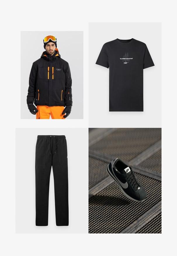 Svart skidjacka med orange detaljer, flera blixtlåsfickor, justerbar huva och strukturerad tyg, bärs med handskar och goggles.; Svart bomulls-t-shirt med en vit grafisk design och text, inklusive "the athletic department" och "nike", samt korta ärmar.; Svarta sweatpants i fleece, med resårmidja och dragsko, två framfickor och en liten logotyp på låret.; Svarta Nike-sneakers med grå accenter, material i mocka och nät, texturerad sula, smal form och klassisk snördesign.