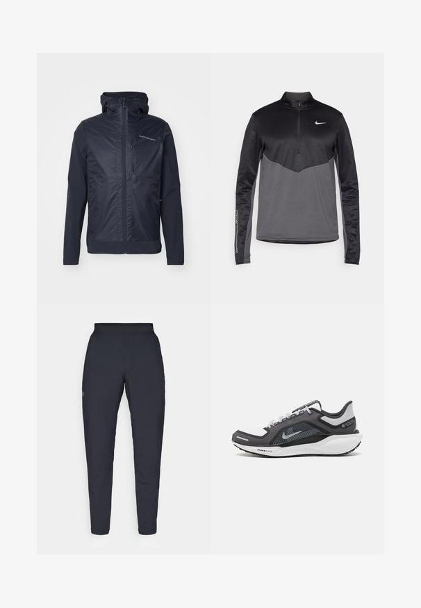 Peak Performance - Kurtka Outdoor; Czarny i szary długi rękaw, rozpinany pulower Nike z ćwiartkowym zamkiem, z teksturowanym korpusem, gładkimi rękawami i logo na piersi.; Czarne spodnie sportowe o gładkiej fakturze, dopasowanym kroju, elastycznej talii i bocznych kieszeniach. Posiadają małe logo na lewym udzie.; Czarne i szare buty sportowe z siateczkową cholewką, odblaskowymi akcentami i białą podeszwą środkową. Posiadają teksturowaną gumową podeszwę i sznurowadła.