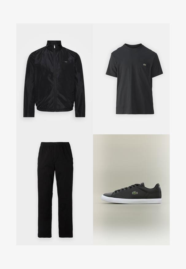 Musthave musta kerged jope, millel on püsti kaelus, lukuga sulgur, küljetaskud ja elastne äär. Valmistatud siledast, veekindlast kangast.; Must musta T-särk lühikeste varrukatega, ümmarguse kaelusega ja väikese rohelise logoga vasakus rinnataskus. Lihtne disain, regulaarne lõige.; Mustad mustreid, puuvillast segakanga valmistatud mustad püksid, mis on sirge lõikega, elastse vöökoht ja nööp, ilma nähtavate mustrite või aktsentideta.; Mustad mustad nahast tennisetossud valge kummist tallaga, millel on roheline krokodillilogo ja ümmargused paelad, stiilne disain sujuva tekstuuriga.