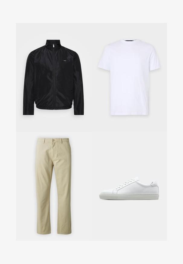 Fekete, könnyű dzseki álló gallérral, cipzáras záródással, oldalsó zsebekkel és elasztikus derékkal. Simább, vízálló anyagból készült.; Fehér pamut póló rövid ujjakkal, kerek nyakkivágással, finoman domború logóval a bal mellen, sima textúrával.; Beige színű, egyenes lábú pamut nadrág, elöl gombos záródással és övhurkokkal. Simaság jellemzi, látható minták vagy díszítések nélkül.; Fehér sportcipő sima bőr felső résszel és alacsony profilsal. Kerek orr, hat fűzőlyuk és barázdált gumitalp jellemzi.