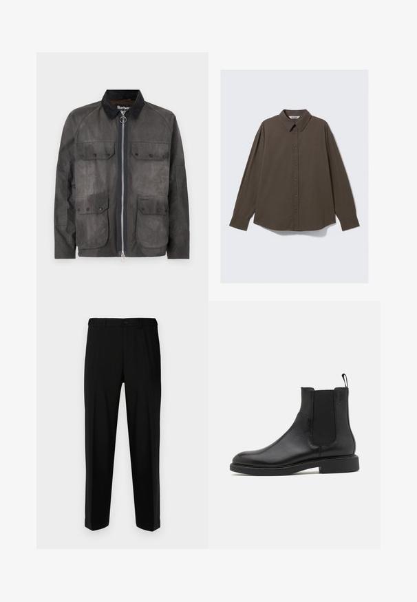 Waxed cotton jacket in dark gray with a corduroy collar, zip closure, and four front pockets. Features subtle textured detailing.; Brown checkered long-sleeve shirt with a button-down collar, featuring a relaxed fit and a slightly curved hem. Fabric is textured.; Black trousers made of smooth fabric, featuring a straight cut, two front pockets, and a zip fly with button closure.; Black leather ankle boot with smooth texture, elastic side panels, and a pull tab. Round toe and flat rubber sole with minimal tread.