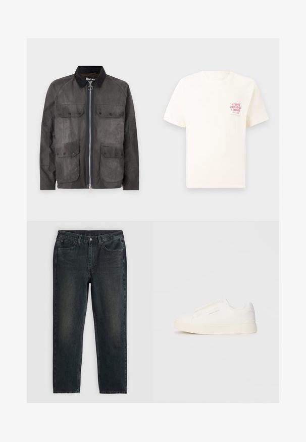 Viaszos vászon dzseki sötétszürke színben, kordbársony gallérral, cipzáras záródással és négy elülső zsebbel. Finom textúrázott részletezéssel rendelkezik.; Fehér, rövid ujjú póló, bal mellen piros szöveggel "Studio Originals Edition", semleges szürke háttér előtt.; Sötétkék farmernadrág, egyenes fazonnal, ött zsebbel, cipzáras sliccel és kontrasztos varrással. A szövet enyhe kopása.; Fehér slip-on sportcipők texturált felülettel, vastag talppal és minimalista dizájnnal. Az oldalon a márka logója található.