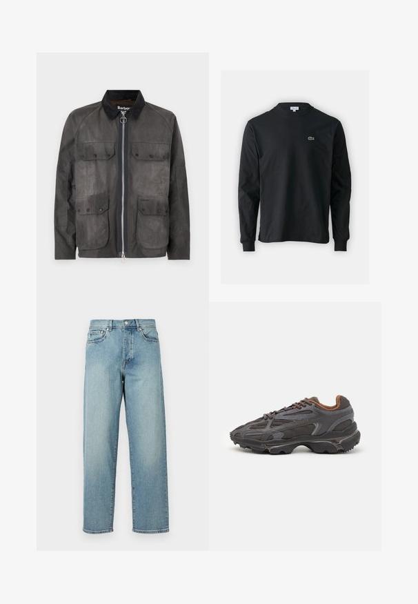 Waxed cotton jacket in dark gray with a corduroy collar, zip closure, and four front pockets. Features subtle textured detailing.; Black long-sleeve t-shirt made of cotton, featuring a round neckline and a small green embroidered crocodile logo on the left chest.; Light blue denim jeans with a loose fit, straight legs, five-pocket design, and a button closure at the waist. Minimalistic stitching detail.; Lacoste sneakers in dark gray with mesh and synthetic material, featuring a textured sole and brown accents on the collar and branding.