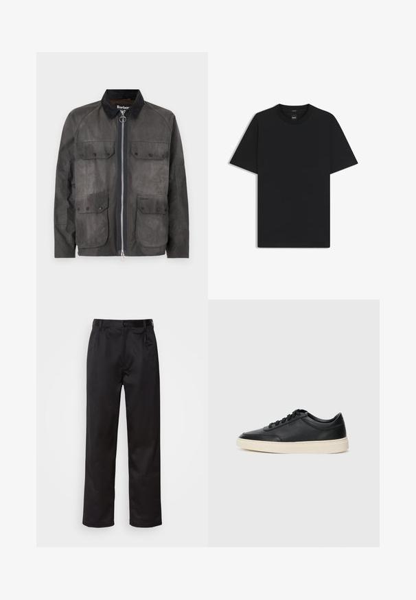 Wachsjacke aus Baumwolle in Dunkelgrau mit einem Cordkragen, Reißverschluss und vier Fronttaschen. Besitzt dezente strukturierte Details.; Schwarz T-Shirt mit kurzen Ärmeln aus einem glatten Baumwollmix, mit Rundhalsausschnitt und einem minimalistischen Design ohne Muster oder Akzente.; Schwarze Hosen aus glattem Stoff, mit einem Knopfverschluss vorne, Falten und geraden Beinen. Keine sichtbaren Muster oder Akzente.; Schwarzer niedriger Ledersneaker mit schwarzen Schnürsenkeln und cremefarbenem Sohlenrand, seitlich auf weißem Hintergrund dargestellt.