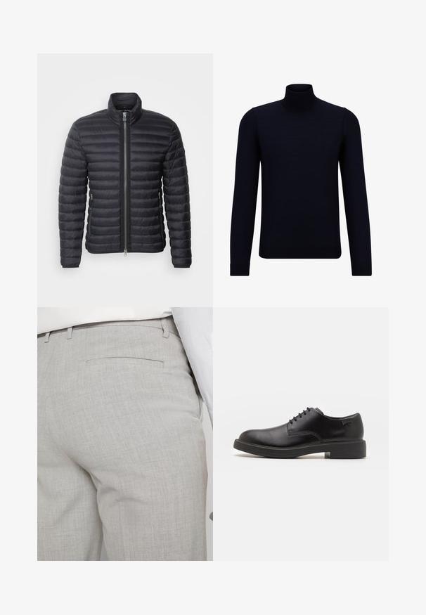 Melnā polsterētā jaka ar augstu apkakli, priekšējo rāvējslēdzēju, sānu kabatām un šūtu tekstūru, ar gludu un plūstošu dizainu.; Tumši jūraspina džemperis, izgatavots no smalkas adītas auduma, ar garām piedurknēm un pieguļošu, augstu apkakli. Nav redzamu rakstu vai akcentu.; Gaiši pelēkas pielāgotas bikses no teksturēta auduma, ar vienu aizmugurējo kabatu un tīru šuvju apdari.; Melna āda sašūta kurpe ar noapaļotu purngalu, gludu tekstūru, minimālu šuvju skaitu un zemu gumijas papēdi. Logo uz papēža.