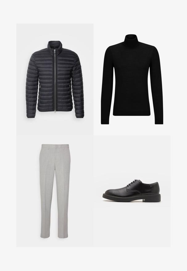 Schwarze Steppjacke mit hohem Kragen, horizontal gequilteter Textur, Reißverschluss vorne und seitlichen Taschen, aus leichtem, isoliertem Material.; Schwarzer Rollkragenpullover aus weichem Material mit langen Ärmeln und enger Passform. Rippbesatz am Saum und an den Bündchen. Einfaches Design.; Hellgraue Hose mit glatter Textur, flachem Front und geraden Beinen. Aus atmungsaktivem Material gefertigt, mit Innentaschen und Gürtelschlaufen.; Schwarzer Leder-Schnürschuh mit abgerundetem Zeh, glatter Textur, minimaler Naht und niedrigem Gummiabsatz. Logo auf der Ferse.