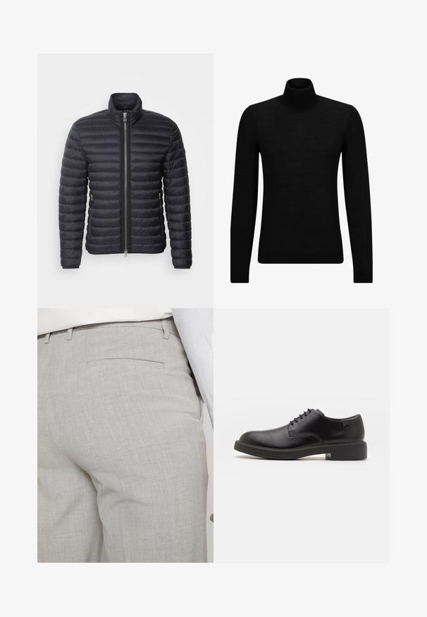 Zwarte pufferjas met een hoge kraag, horizontaal gequilt textuur, rits aan de voorkant en zijzakken, gemaakt van lichtgewicht, geïsoleerde stof.; Zwarte coltrui van zacht materiaal, met lange mouwen en een snug fit. Geribbelde afwerking aan de onderkant en mouwen. Eenvoudig ontwerp.; Lichtgrijze, op maat gemaakte broek van gestructureerde stof, met een enkele achterzak en nette stiksels.; Zwarte leren veterschoen met een ronde neus, een gladde textuur, minimale stiksels en een lage rubberen hak. Logo op de hak.
