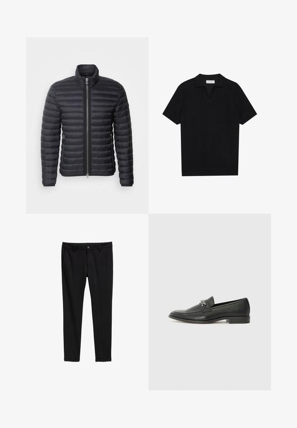 Černá péřová bunda s vysokým límcem, vodorovně prošívanou texturou, předním zipem a bočními kapsami, vyrobená z lehké, izolační tkaniny.; Černé polo tričko s krátkým rukávem vyrobené z texturované pleteniny, které má lodičkový výstřih a rovný lem. Žádné viditelné logo ani vzory.; Černé kalhoty z hladké tkaniny, s plochým předkem, bočními kapsami a ohrnutými manžetami. Viditelný jemný proužkový detail.; Černé kožené mokasíny s hladkým povrchem, s prošívaným designem a dekoračním kovovým řetízkem přes nárt. Plochý podpatek.