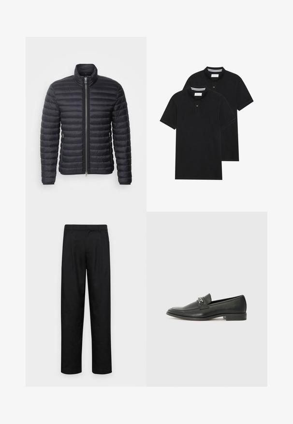 Schwarze Steppjacke mit hohem Kragen, horizontal gequilteter Textur, Reißverschluss vorne und seitlichen Taschen, aus leichtem, isoliertem Material.; Zwei schwarze Polohemden, kurzärmlig, aus Baumwolle, mit einem klassischen Kragen, zwei Knöpfen und weißen Streifenakzenten im Inneren des Kragens.; Schwarze Hose aus glattem Stoff, mit geradem Bein Design, zwei vorderen Falten und einem Standardbund mit Gürtelschlaufen.; Schwarzer Lederloafer mit glatter Oberfläche, ausgestattet mit einer gesteppten Gestaltung und einem dekorativen Metallkettendetail über dem Vorderblatt. Flacher Absatz.