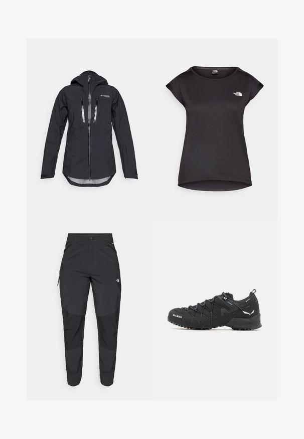 Must sisseveetud must veekindel jakk kapuutsiga, millel on esinevete ja kaks rinna-taskut. Valmistatud tekstureeritud, kerge kanga abil, millel on reguleeritavad mansetid.; The North Face TANKEN TANK - Spordi T-särk - black; Must black välitingimustes püksid, mis on valmistatud vastupidavast kangast. Omavad lukugaTaskuid, tugevdatud põlvepaneele ja sirget lõiget liikuvuse tagamiseks.; Mustad matkajalatsid tekstuurse kangas ülaosaga, sidumisüsteemiga ja jäiga kummitaldiga. Kaunistatud peegeldavate detailide ja logodega.