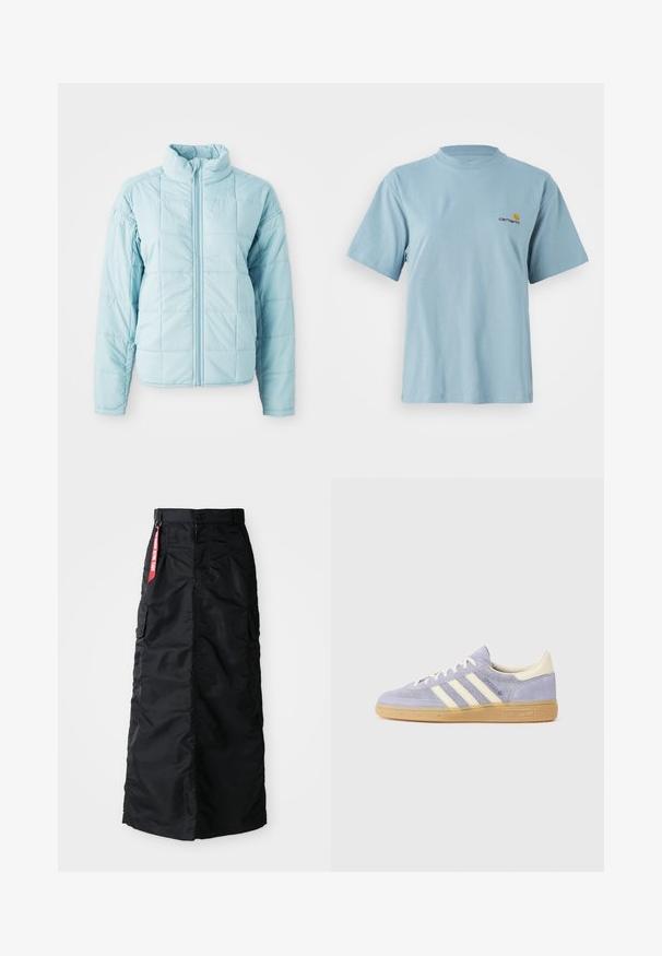 Lyseblå quiltet jakke med glidelås foran og høy krage, med lange ermer og firkantet søm mønster.; Lyseblå kortermet bomull T-skjorte med rund hals og liten Carhartt-logo i gul og rød på venstre bryst.; Svart lang skjørt med knapp og glidelås foran, sidelommer fra cargo-stil, og en rød "Remove Before Flight" textilplakett på midjen.; Lilla semsket snikere med tre hvite striper, gummisåle og kremfargede detaljer på hælen og tungen. Minimalistisk design med logodetalj.