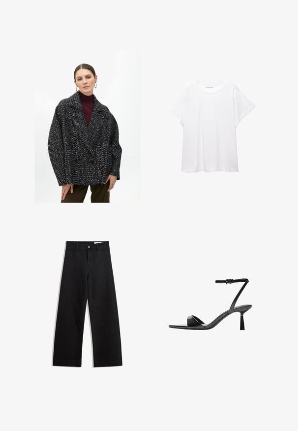 Černý a vícebarevný tweedový dvouřadý kabát s velkými klopami, oversized střihem a dvěma předními knoflíky, nošený přes tmavý rolák.; Bílý tričko vyrobené z měkké, lehké tkaniny. Má kulatý výstřih a krátké, široké rukávy s uvolněným střihem. Bez viditelných vzorů.; Černé denimové kalhoty s volným střihem a vysokým pasem, vybavené předními a zadními kapsami, prošívanými švy a knoflíkovým zapínáním. Hladká textura.; Bershka Sandály na vysokém podpatku - black