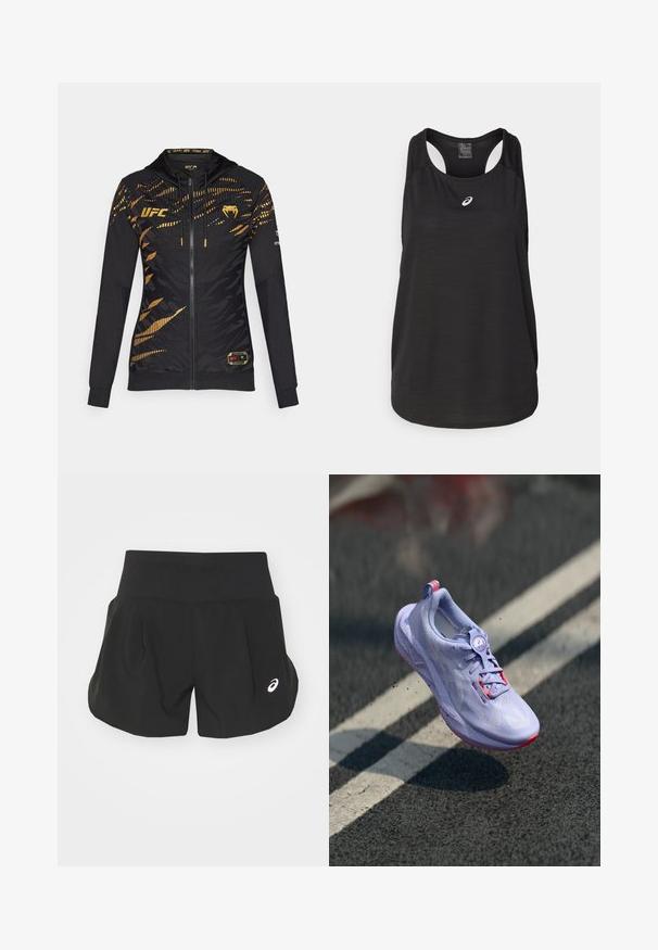 Fekete cipzáros dzseki arany kiegészítőkkel, kapucnival és textúrált tigriscsíkos mintával. Az "UFC" logó hangsúlyosan a mellkason látható.; Fekete sportos ujjatlan felső, könnyű anyagból készült. Kerek nyakú, hátsó pántos kialakítással és egy kis fehér logóval a frontrészen.; Fekete sportos sort széles derékkal, pliszírozott kialakítással és kis fehér logóval a bal alsó oldalon. Puha, könnyű anyagból.; Világosszürke futócipő, texturált felsőrésszel, rózsaszín díszítéssel, kerek fűzőrendszerrel és pöttyözött talppal, aszfalt háttér előtt emelve.