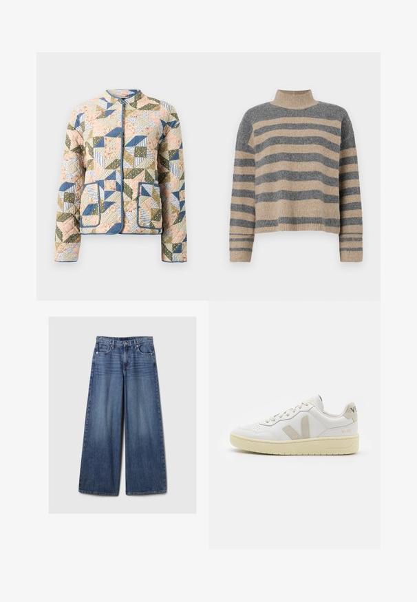 Kvalitātes jaka ar piešuvumiem, kas izgatavota no pasteļtoņos, ar ziedu un svītrām rakstiem, zilu apdari un divām priekšējām kabatām.; Raitaināta džemperis ar pelēkajām un bežām krāsām, augstu apkakli, platām aprocēm un brīvu piegriezumu ar īsu dizainu.; Platām kājām zila denima bikses ar izbalējušu apdari, ar pogu un rāvējslēdzēju, pieciem kabatām un jostu cilpām.; Baltas ādas sporta apavu pāris ar bēšiem zamša akcentiem, caurumiņu purngalā, plakanu šņorēšanu un teksturētu krēmkrāsas zoli. Iezīmējas ar diskrētu zīmolu uz papēža.