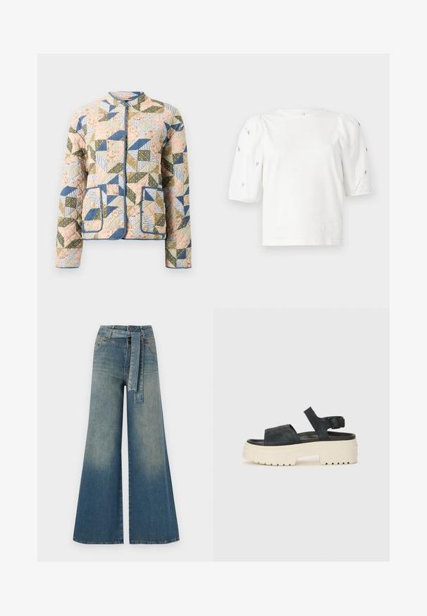 Quiltet jakke med et lappeteppe-design i pastellfarger, med blomster- og stripe mønstre, blå kant, og to frontlommer.; Hvit bomull T-skjorte med korte pufferm, med små sølvdekorasjoner langs ermene. Klassisk rund hals, avslappet passform.; Bredde ben jeans med en lyseblå til mørkeblå gradient, høyt liv, beltehemper og et matchende belte i samme stoff. Teksturert denimoverflate.; Sorte semsket platåsandaler med en kraftig hvit såle, bred fremre stropp og justerbar ankelspenne. Teksturert yttersåle for godt grep.