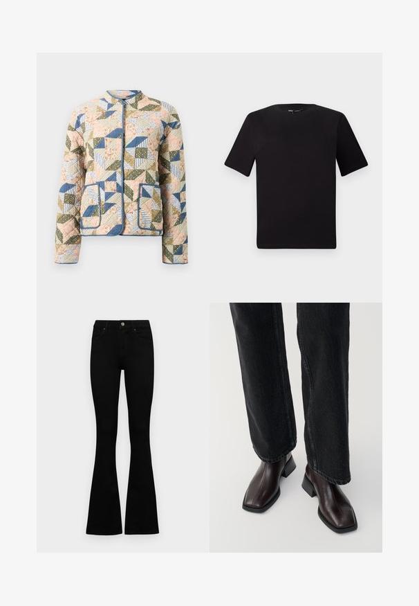 Quiltet jakke med et lappeteppe-design i pastellfarger, med blomster- og stripe mønstre, blå kant, og to frontlommer.; Svart t-skjorte med korte ermer og rund hals, laget av mykt bomullsstoff. Enkelt design, ingen synlige logoer eller mønstre.; Sorte høytlivsjeans med knapp og glidelås, frontlommer og utsvingte bein liggende flatt på en hvit bakgrunn.; Brune lær ankle støvler med firkantet tå og blokkhæl, parret med sorte vide ben jeans. Glat struktur og minimalistisk design.