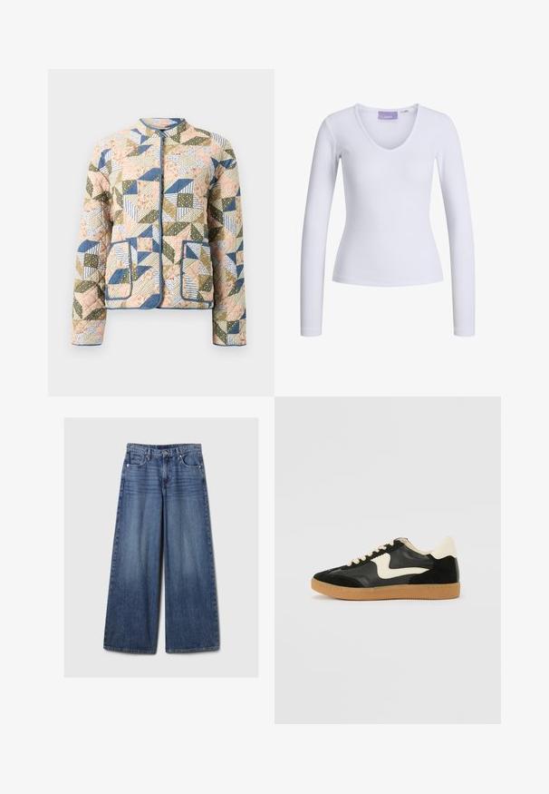 Padded bunda s patchworkovým dizajnom v pastelových farbách, s kvetinovými a pruhovanými vzormi, modrým lemovaním a dvoma prednými vreckami.; Biely dlhý rukáv top s pružným textúrou a dizajnom s výstrihom do V. Nápis značky "JJXX" je viditeľný vo vnútri výstrihu.; Džíny s širokými nohavicami v modrej farbe s vyblednutým povrchom, s gombíkom a zipsom, piatimi vreckami a pútkami na opasok.; Čierne semišové a kožené tenisky s krémovým bočným prešívaním a svetlo krémovou pätou. Obsahujú béžové šnúrky a podošvu z gumeného kaučuku.