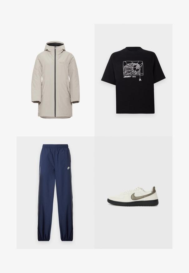 Lichtbeige waterdichte jas met een rits aan de voorkant, een capuchon en twee zijzakken. Kenmerkt zich door een soepele synthetische textuur en subtiele branding.; Zwarte T-shirt van katoen met korte mouwen. Voorzien van een witte spinnenwebgrafiek en logo op de voorkant. Eenvoudige ronde halslijn.; Marineblauwe Nike trainingsbroek met een elastische tailleband, witte zijkanten en een klein logo op de linker bovenbeen. Gestreepte stof, taps toelopende boorden.; Nike Sportswear FIELD GENERAL - Sneakers laag - off-white/black