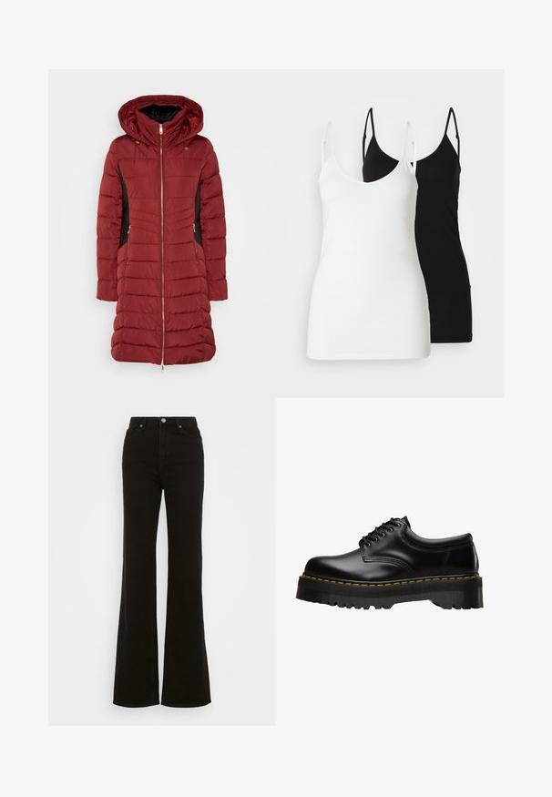 Sarkans pūkains mētelis ar kapuci, ar melniem sānu paneļiem, ribotu tekstūru, pilna garuma rāvējslēdzēju un divām priekšējām kabatām ar rāvējslēdzēju.; Divas divi sieviešu topi: viens balts, otrs melns, izgatavots no mīkstas auduma, ar plānām siksnām un dziļu V veida kakla izgriezumu.; Augstas jostas melni izplūduši džinsi, kas izgatavoti no denima, ar pogu aizdari, sānu kabatām un gludu tekstūru.; Melni ādas kurpju zābaki ar biezām, zāģveida melnām gumijas zolgām un dzeltenu diegu apmalē, ar gludu virsmu.