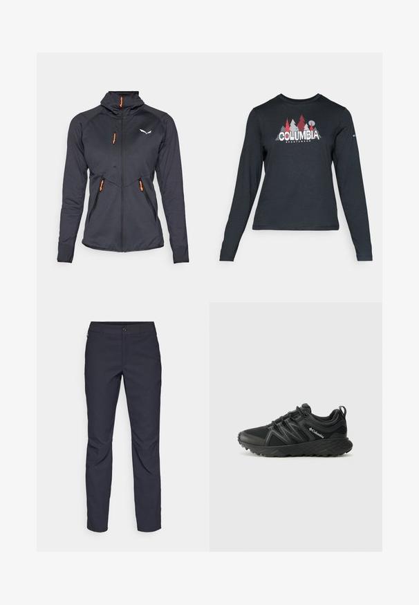 Fekete cipzáros dzseki magas gallérral, narancssárga cipzárhúzókkal és sima textúrával. Hálós panelek és fehér logó található a mellkason.; Hosszú ujjú, sötétszürke ing piros fákkal és hegyekkel díszítve; a "COLUMBIA" logó vastag fehér betűkkel. Puha anyag, klasszikus kerek nyakkivágás.; Sötétkék nadrág sima anyagból, elülső gombos záródással, slim-fit fazonnal és gyűrött részletekkel a térdeken.; Columbia PEAKFREAK - Túracipők - black