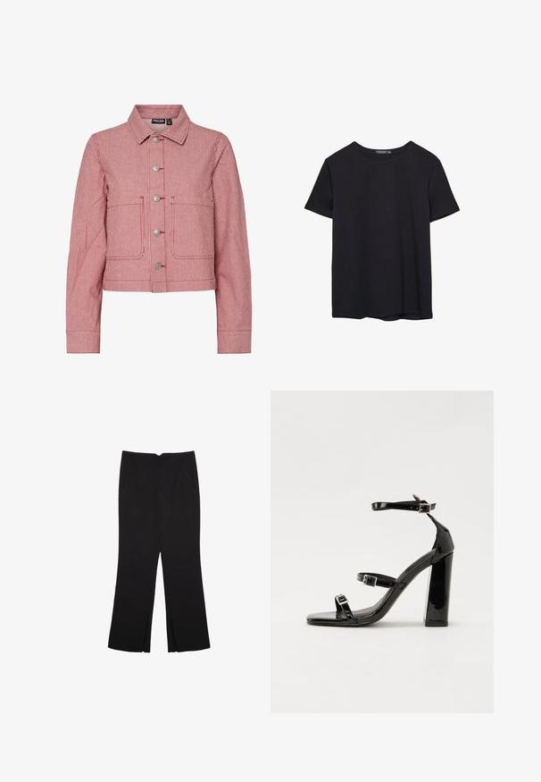 Denim jakna s rdečimi in belimi črtami, z ovratnikom, kovinskimi gumbi, dvema sprednjima žepoma in dolgimi rokavi. Krača zasnova z našitimi detajli.; Enostavna črna bombažna majica s kratkimi rokavi in okroglim izrezom, prikazana na belem ozadju.; Črne hlače ravnega kroja z naglavnimi žepi in stranskimi razporki na robu. Narejene iz mehke, gladke tkanine. Primerne za različne priložnosti.; Črne lakirane sandale s peto, kvadratnim prstom, trakovi okrog gležnja in srebrnimi zaponkami. Opremljene so s stabilno Debelo peto.