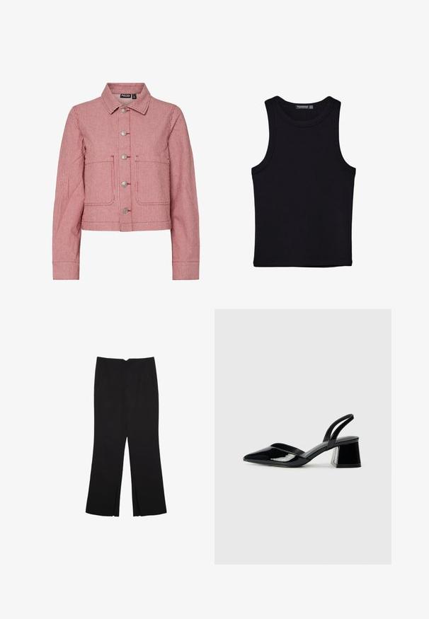 Traper jakna u crveno-bijelim prugama s ovratnikom, metalnim gumbima, dva prednja džepa i dugim rukavima. Skraćeni dizajn s ušivenim detaljima.; Crni top bez rukava od pamuka, s okruglim izrezom i širokim izrezima za ruke. Glatka tekstura s ušivenim rubovima. Klasičan, minimalistički dizajn.; Crne hlače ravnog kroja, s prednjim džepovima i bočnim prorezima na rubu. Izrađene od mekog i glatkog materijala. Pogodne za razne prigode.; Crne lakirane kožne sandale s otvorenom petom i špicastim vrhom, s geometrijskom blok petom. Imaju elegantan, minimalistički dizajn i glatku teksturu.