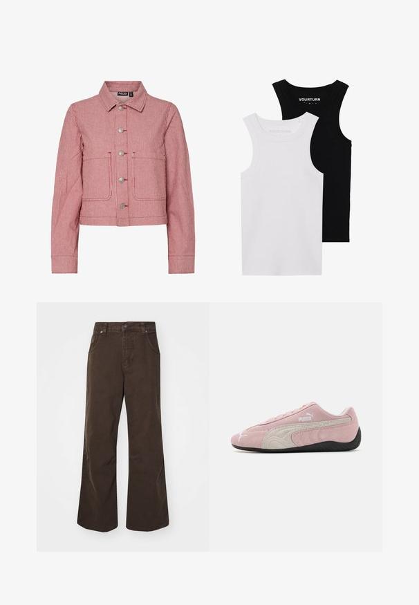 Traper jakna u crveno-bijelim prugama s ovratnikom, metalnim gumbima, dva prednja džepa i dugim rukavima. Skraćeni dizajn s ušivenim detaljima.; Dva uska tank top majice u crnoj i bijeloj boji. Izrađene od rebrastog pamuka, imaju široke naramenice i zaobljene izreze vratova. Logo na ovratniku.; Smeđe hlače širokih nogavica od pamuka, s visokim strukom, prednjim džepovima i glatkom teksturom. Završetak uključuje suptilne detalje šivanja.; Ružičaste suede tenisice s sivim akcentima, elegantan dizajn, teksturirani gornji dio i crna gumena potplat. Sadrži Puma logotip sa strane.