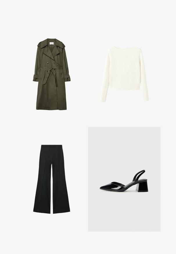 Maslinasta zelena trench kaput od glatke tkanine, s dvostrukim kopčanjem sprijeda, velikim ovratnikom, vezanjem u struku i dva bočna džepa.; Bijela, dugačka, pletiva majica s rebrastim uzorkom, blago brojnim izrezom i ravnim rubom.; Crne široke hlače s glatkom teksturom, koje imaju prednje nabore i kroj po mjeri. Tkanina je lagana i lepršava.; Crne lakirane kožne sandale s otvorenom petom i špicastim vrhom, s geometrijskom blok petom. Imaju elegantan, minimalistički dizajn i glatku teksturu.