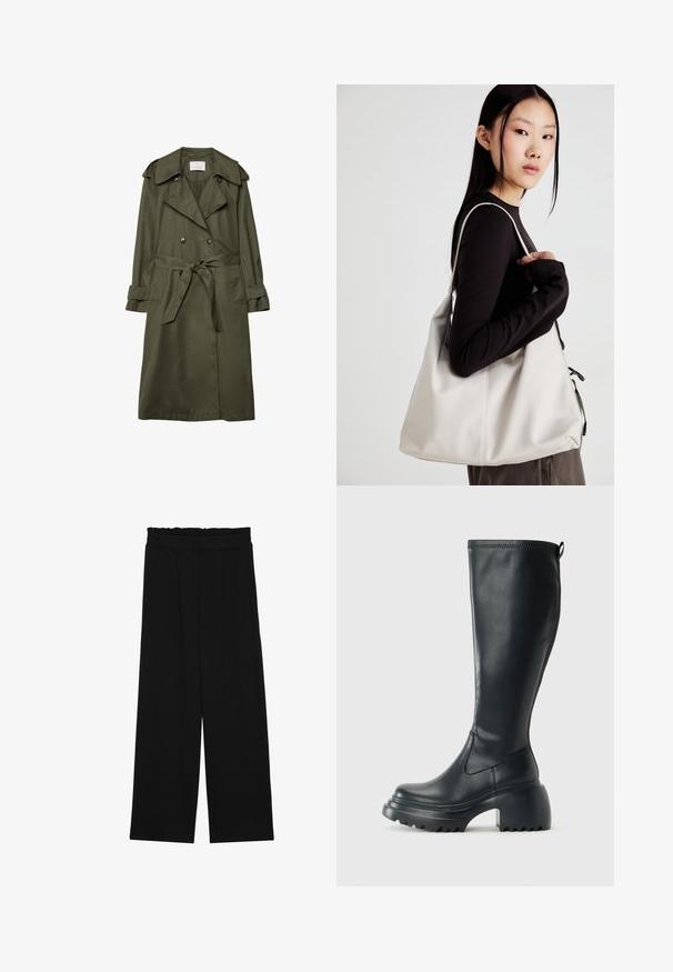 Olivově zelený trenčkot vyrobený z hladkého materiálu, s dvojitým zapínáním, velkým límcem, stahováním v pase a dvěma bočními kapsami.; Černé a bílé trička s dlouhým rukávem, se zaoblenými výstřihy, měkkou tkaninou a přiléhavým designem se přímými lemy.; Černé široké nohavice s volánkovým pasem, které mají dvě boční kapsy a hladkou, lehkou tkaninu. Žádné viditelné vzory ani kovové prvky.; Vysoká černá kožená bota s masivní platformou a blokovým podpatkem, s poutkem a texturovaným vzorkem na podrážce.; Beige kabelka vyrobená z měkkého materiálu, s volným designem, prošívanými detaily a dvěma ramenními popruhy. Vhodná pro každodenní použití.