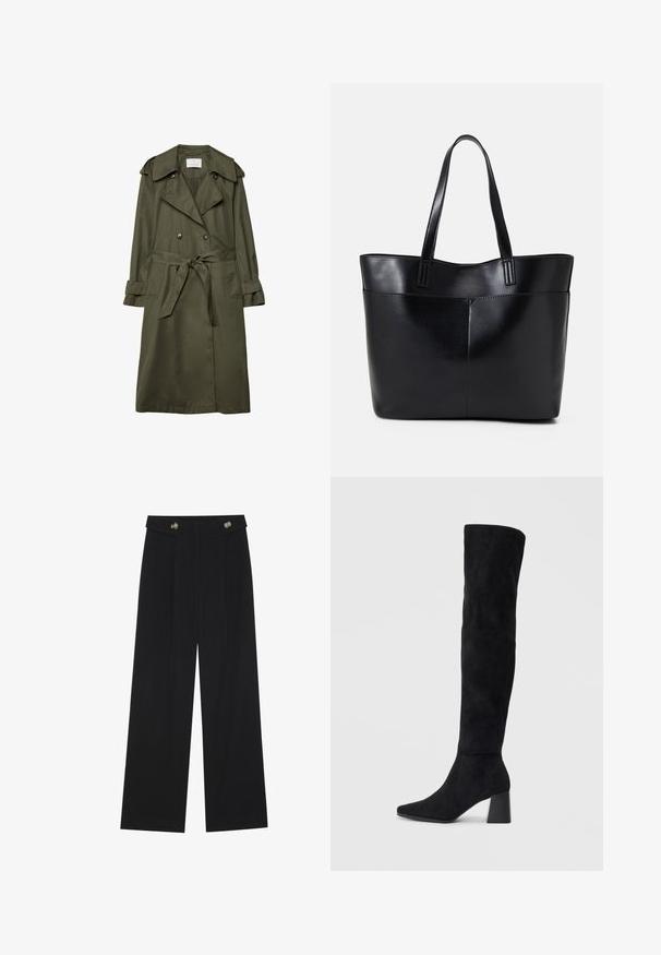 Olivově zelený trenčkot vyrobený z hladkého materiálu, s dvojitým zapínáním, velkým límcem, stahováním v pase a dvěma bočními kapsami.; Černý top s dlouhými rukávy, který má rozšířené manžety, jemnou texturu a volný střih, s jednoduchým kulatým výstřihem.; Černé široké kalhoty s vysokým pasem, detailní knoflíky na pase a přední záhyby.; Černé semišové vysoké boty s blokovým podpatkem, špičatou špičkou a hladkým, bezšvovým designem na jednoduchém světlém pozadí.; Černá kožená taška s dlouhými ušima, hladkým povrchem a strukturovaným tvarem. Obsahuje přední kapsu pro další úložný prostor.