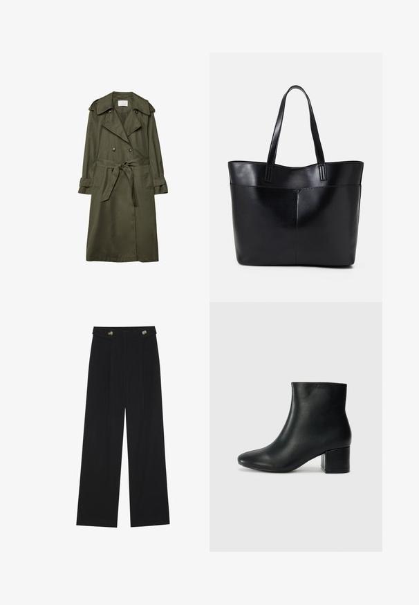 Oliivinvihreä trench-viitta, joka on valmistettu sileästä kankaasta. Viitassa on kaksinkertainen napitus, suuri kaulus, vyötärönauha ja kaksi sivutaskua.; Musta pitkähihainen toppi, jossa on levenevät hihansuut, pehmeä rakenne ja rento fit, yksinkertaisella pyöreällä pääntiellä.; Mustat leveälahkeiset housut, joissa on korkea vyötärö, napit vyötärönauhassa ja etupuolella laskokset.; Musta nahkasaappaat nilkkapituudella, jossa on terävä kärki ja paksu korko. Silkkinen pinta, jossa on minimaaliset yksityiskohdat ja tyylikäs, istuva muotoilu.; Musta nahkainen kassi, jossa on kaksi pitkää kahvaa, sileä pinta ja jämäkkä muoto. Sisältää etutaskun lisävarastointia varten.