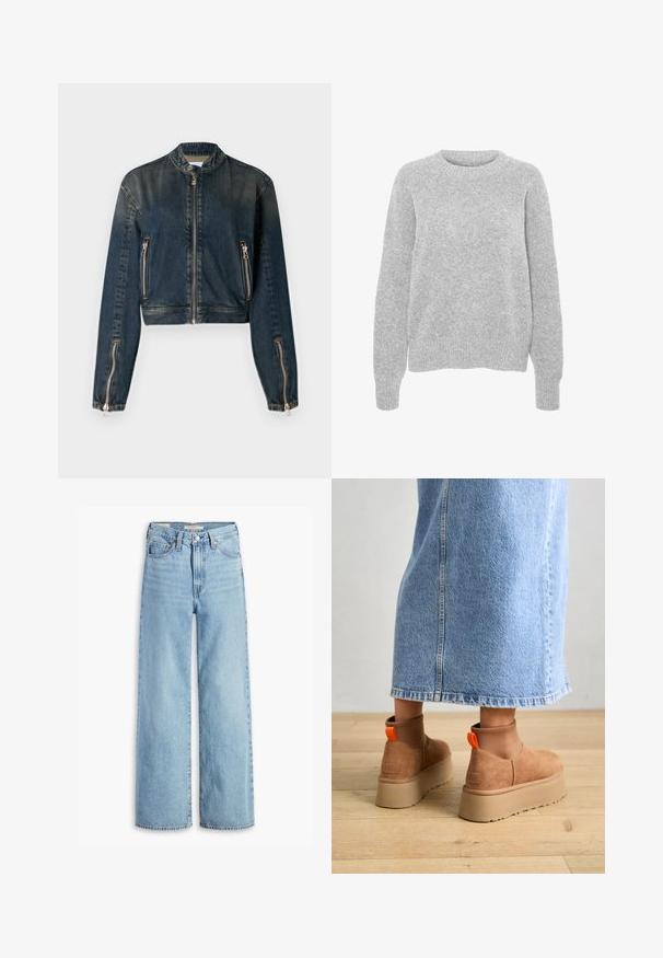 Mørk denim cropped jakke med høy krage, frontglidelås og to sidelommer med glidelås. Har slank sølvhardware og en noe falmet tekstur.; Grå strikket genser med lange ermer, rund hals, ribbede mansjetter og kant, med en myk tekstur og avslappet passform.; Høyt liv, lyseblå vide jeans med frontknapp og glidelås, beltehemper og fem lommer.; Brune semska plattformstøvler med elastiske sidepaneler og orange rekkehalser, parret med en knelange lys denimskjørt på et tregulv.
