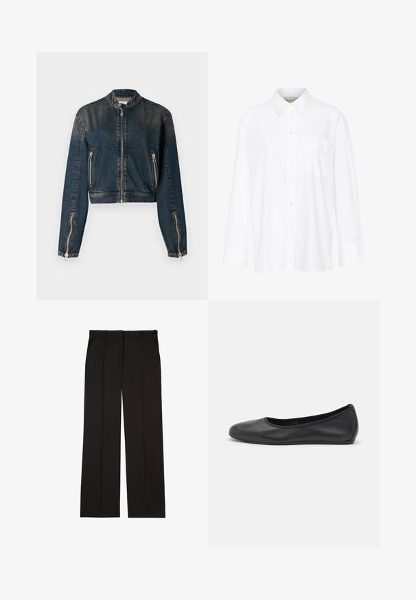 Jaqueta cropped de denim escuro com gola alta, fecho frontal e dois bolsos laterais com zíper. Apresenta um elegante hardware prateado e uma textura ligeiramente desbotada.; Camisa branca de manga longa com colarinho feita de algodão. Apresenta uma parte frontal com botões e um único bolso no peito. Textura suave, corte descontraído.; Calças pretas sob medida feitas de um tecido suave, com um design de perna reta e dois bolsos laterais. Construção elegante e minimalista.; Bailarina preta em pele com bico arredondado, textura suave, detalhe de costura minimalista e design de sola flexível.