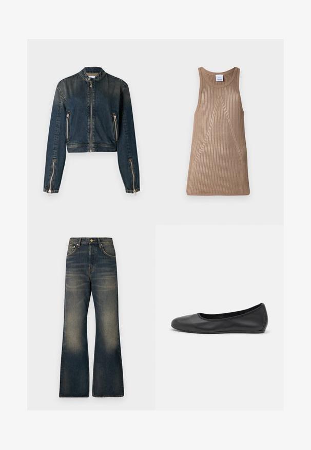 Dark denim cropped jacket with a high collar, front zip, and two side zip pockets. Features sleek silver hardware and a slightly faded texture.; Beige, sleeveless knit top with a ribbed texture, featuring an A-line shape and subtle diagonal stitching details.; Denim flared jeans in dark blue with a faded wash, featuring five pockets, a button closure, and contrast stitching details.; Black leather ballet flat with a rounded toe, smooth texture, minimal stitching detail, and a flexible sole design.