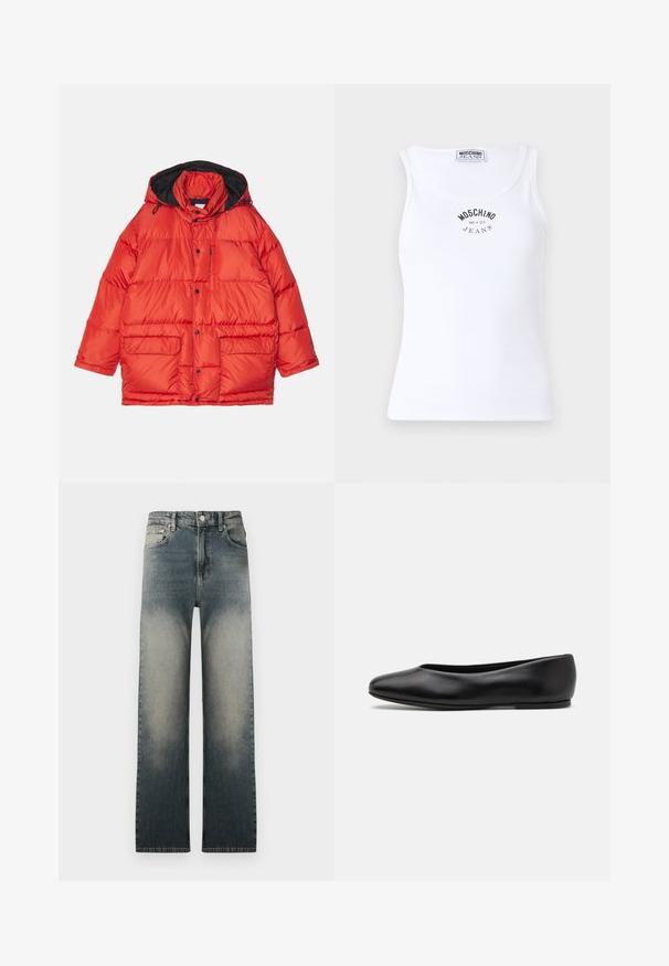 Rote Pufferjacke mit schwarzer Kapuze, ausgestattet mit einem Reißverschluss, zwei vorderen Taschen und einem gesteppten Design für zusätzliche Isolierung.; Weißes Ripptanktop mit runder Ausschnittführung, versehen mit einem schwarzen Logo-Druck auf der Vorderseite, auf dem "MOSCHINO JEANS" steht.; Weißes Langarm-Hemd mit Knöpfen und Kragen, mit schwarzem gesticktem Text "Moschino Jeans" auf der oberen linken Brust.; Hochbundige Straight-Leg-Jeans mit ausgewaschenem hellen und dunklen Denim-Waschung sowie klassischem Fünf-Taschen-Design.; Paul Smith TOPANGA - Klassischer Ballerina - black