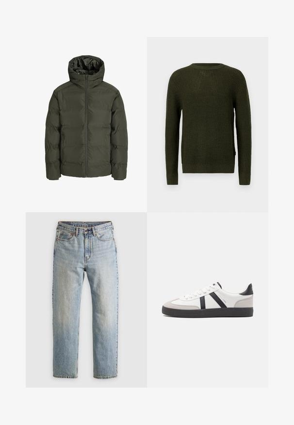 Olijfgroene pufferjack met een capuchon, voorzien van een rits aan de voorkant, een quilted ontwerp en elastische manchetten. Glad materiaal met isolatie.; Olijfgroen gebreid sweater met een ronde halslijn, lange mouwen en geribbelde manchetten. Heeft een textuurpatroon en een relaxte pasvorm.; Lichtblauwe denim jeans met hoge taille, frontknop, rits en vijfzakkenontwerp, plat gelegd op een neutrale achtergrond.; Witte sneaker met zwarte en grijze accenten, voorzien van een grijze neus met textuur, zwarte rubberen zool en platte witte veters. Schoon ontwerp, minimalistische stijl.