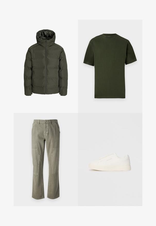 Casaco acolchoado verde-oliva com capuz, apresentando um fecho frontal com zíper, design acolchoado e punhos elásticos. Tecido suave com isolamento.; T-shirt de algodão verde caqui com mangas curtas, decote arredondado e uma textura suave. Design simples sem padrões ou detalhes visíveis.; Calças verde-oliva feitas de algodão com um design de perna reta, apresentando detalhes ribete nos bolsos de remendo e costura contrastante.; Sapatilhas brancas de atacar com uma superfície texturizada, sola grossa e design minimalista. Possui o logo da marca na lateral.