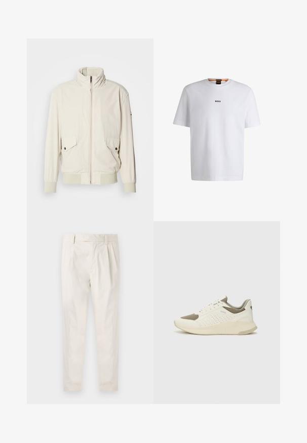 Lys beige jakke med høy krage, glidelås-lukking, to klaff-lommer og ribbede mansjetter. Laget av et mykt, glatt materiale.; Hvit bomulls T-skjorte med korte ermer, med en svart "BOSS" logo sentrert på brystet og rund halsdesign.; Hvite, pregede bukser med skreddersydd passform, som har en jevn tekstur, beltehemper og avsmalnende ben. Ingen synlige lommer eller mønstre.; Hvit og lysebeige treningssko, med en mesh-overdel, perforerte detaljer og en teksturert mellomsåle med merkevare på hælen.