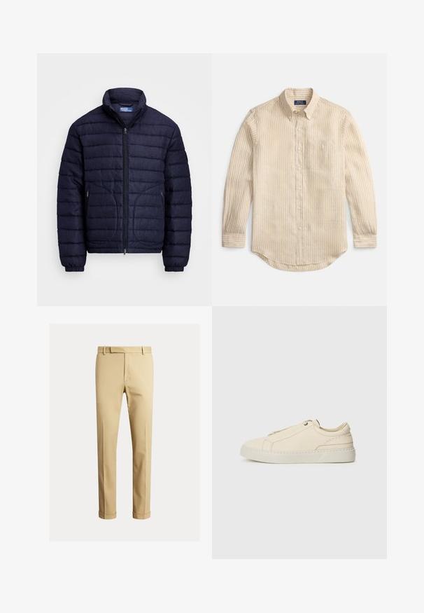 Granatowa pikowana kurtka puchowa z wysokim kołnierzem, zamkiem błyskawicznym oraz dwiema bocznymi kieszeniami, elastycznymi mankietami i gładką strukturą.; Beżowa koszula na długi rękaw z pionowymi białymi paskami, kołnierzykiem zapinanym na guziki, kieszenią na piersi oraz metką "Polo Ralph Lauren" wewnątrz kołnierza.; Khaki chinos wykonane z gładkiej bawełnianej tkaniny, charakteryzujące się dopasowanym krojem, fałdami z przodu oraz mankietami przy kostkach dla zwężonego wyglądu.; Beżowe skórzane sneakersy z zaokrąglonym noskiem, minimalistycznym designem, subtelnymi przeszyciami i teksturowaną cholewką, na jasnej podeszwie.