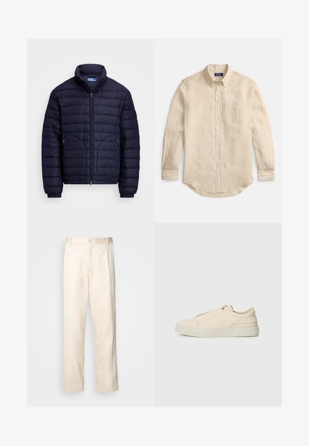 Mornarsko podložena puffer jakna z visokim ovratnikom, zadrgo in dvema stranskima žepoma, z elastičnimi manšeti in gladko teksturo.; Bež dolgo-srajčna sova s belimi navpičnimi črtami, ovratnik z gumbi, prsni žep in etiketa "Polo Ralph Lauren" znotraj ovratnika.; Bež cottone hlače s ravnim krojem, ki imajo gumbasto zapiranje in nabore spredaj za dodatne detajle.; Bež usnjeni športni copat s zaobljenim nosom, minimalistična zasnova, subtilne šivane podrobnosti in teksturirana zgornja stran, na svetlem podplatu.