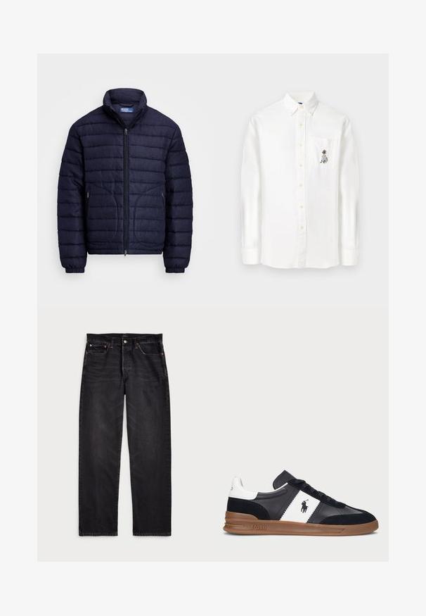 Granatowa pikowana kurtka puchowa z wysokim kołnierzem, zamkiem błyskawicznym oraz dwiema bocznymi kieszeniami, elastycznymi mankietami i gładką strukturą.; Biała, długa koszula na guziki z długim rękawem, wykonana z mieszanki bawełny, z kieszonką na piersi z kolorowym haftem, standardowy kołnierz oraz zaokrąglony dół.; Czarne dżinsy o prostym kroju nogawki, z kontrastowym przeszyciem, zapięciem na guzik i pięcioma kieszeniami. Teksturalny materiał o gładkim wykończeniu.; Czarno-białe niskie trampki wykonane z syntetycznej skóry z zamszowymi akcentami, z gumową podeszwą, sznurowanym zapięciem i detalem z logo.
