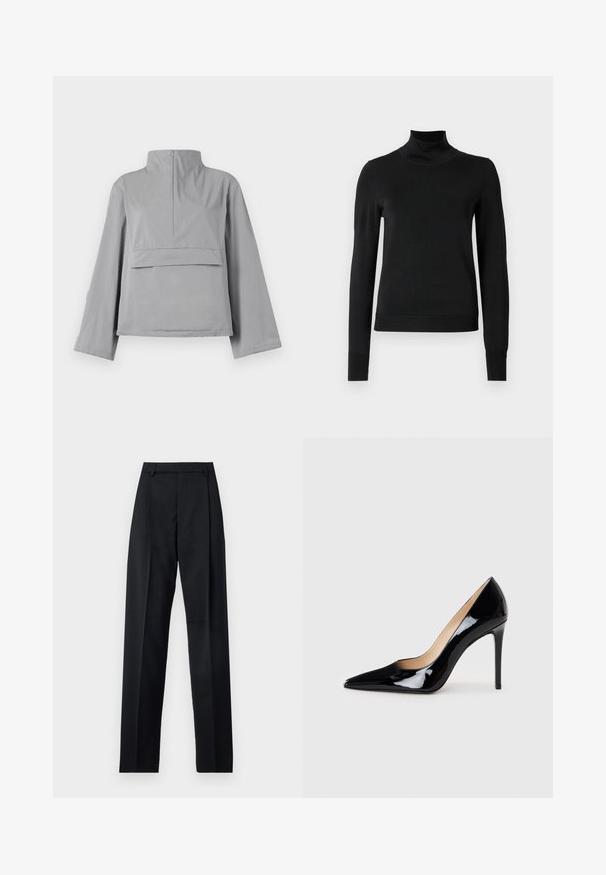 Grijze cropped jack heeft een hoge kraag, losse mouwen, een detail van een voorzak en een gladde, lichte stoftextuur.; Zwarte trui met lange mouwen en col, voorzien van geribde manchetten en zoom, weergegeven op een effen witte achtergrond.; Zwarte broek gemaakt van gladde stof met een hoge taille, wijde benen, voorplooien en klassieke ceintuurlussen. Geen zijzakken zichtbaar.; Zwarte lakleren hoge hakpumps met een puntige neus en een slanke silhouet. Heeft een gladde, glanzende afwerking en een slanke stilettohak.