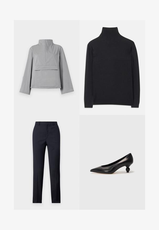 Halli lõikega hall jakk, millel on kõrge krae, lõdvad varrukad, esi-tasku detail ja sile, kerge kangas.; Must zwart pullovers, mis pehmeast kangast. Omab pikki varrukaid, kõrget kaelanupukest ning soonikute äärte ja alläärtega, et tagada mugav istuvus.; Tumed kohandatud püksid sirge lõikega, millel on sile tekstuur, kaks esist taskut ja puhas vöökoht.; Must musta kõrge kontsaga king, millel on terav nina ja ümar, pallikujuline konts. Sile pind ja elegantne, minimalistlik disain.