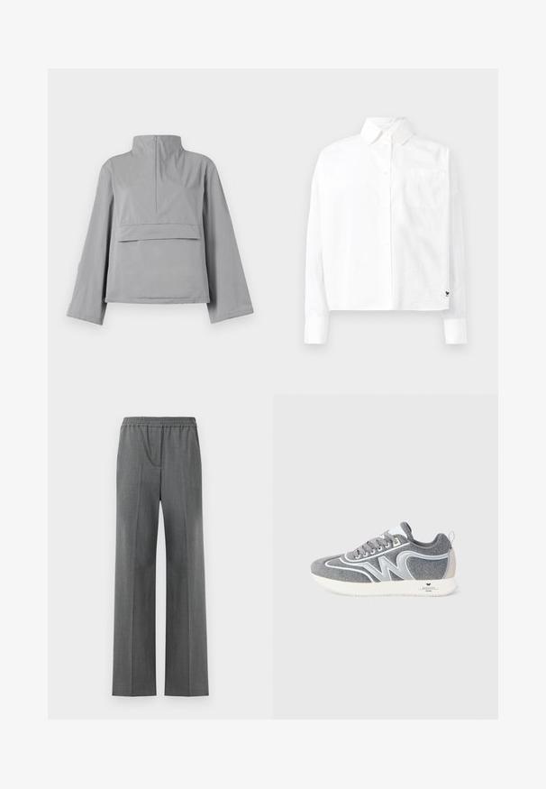 Giacca grigia corta con colletto alto, maniche ampie, dettagli della tasca frontale e una trama di tessuto liscia e leggera.; Camicia bianca a maniche lunghe con colletto a punta, taschino sul petto e maniche con polsino. Realizzata in tessuto liscia e leggera.; Pantaloni larghi grigi con cintura elasticizzata, realizzati in un tessuto testurizzato con un sottile motivo a intreccio.; Sneaker bassa grigia e bianca con lacci, design "W" sui lati e suola bianca con marchio "Weekend Max Mara" sul tallone.