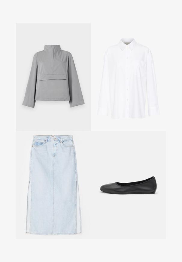 A jaqueta cinza cropped apresenta um colarinho alto, mangas soltas, um detalhe de bolso frontal e uma textura de tecido suave e leve.; Camisa branca de manga longa com colarinho feita de algodão. Apresenta uma parte frontal com botões e um único bolso no peito. Textura suave, corte descontraído.; Saias maxi de denim azul claro com corte reto, apresentando aberturas laterais e design de cinco bolsos. Costura proeminente e fecho com botão metálico.; Bailarina preta em pele com bico arredondado, textura suave, detalhe de costura minimalista e design de sola flexível.