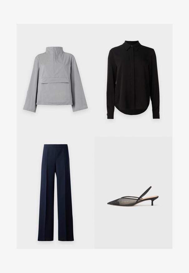Gray cropped jacket features a high collar, loose sleeves, a front pocket detail, and a smooth, lightweight fabric texture.; Black long-sleeve blouse with pointed collar, concealed button placket, and curved hem against a plain white background.; Wide-leg trousers in dark navy fabric, featuring a smooth texture, subtle front pleats, and a fitted waistband for a streamlined silhouette.; NEOUS IRENA - Classic heels - black