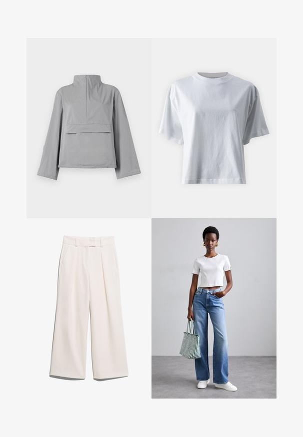 Giacca grigia corta con colletto alto, maniche ampie, dettagli della tasca frontale e una trama di tessuto liscia e leggera.; IVY OAK KYLA - T-shirt basic - bright white; Pantaloni a gamba larga di un colore crema chiaro, realizzati in tessuto morbido con due tasche frontali e cuciture visibili sulla vita.; T-shirt cropped bianco a costine, jeans a gamba larga blu chiaro e sneakers bianche. Tiene una borsa a tracolla a righe verdi e bianche.
