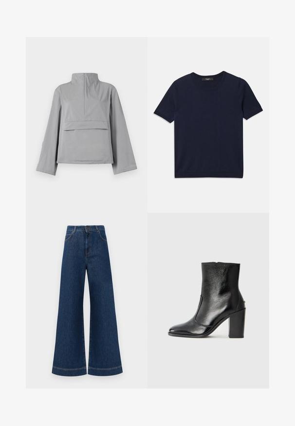 A jaqueta cinza cropped apresenta um colarinho alto, mangas soltas, um detalhe de bolso frontal e uma textura de tecido suave e leve.; T-shirt de manga curta azul marinho, feito de tecido suave, com decote redondo e bordas caneladas, textura lisa e sem padrões visíveis.; Jeans azul de perna larga com cintura alta, apresentando um fecho de botão, passantes para cinto e detalhes de costura discretos ao longo dos bolsos e das bainhas.; Bota ankle preta em pele com uma textura suave, bico fino e um salto alto robusto. Apresenta uma abertura lateral e um design minimalista.